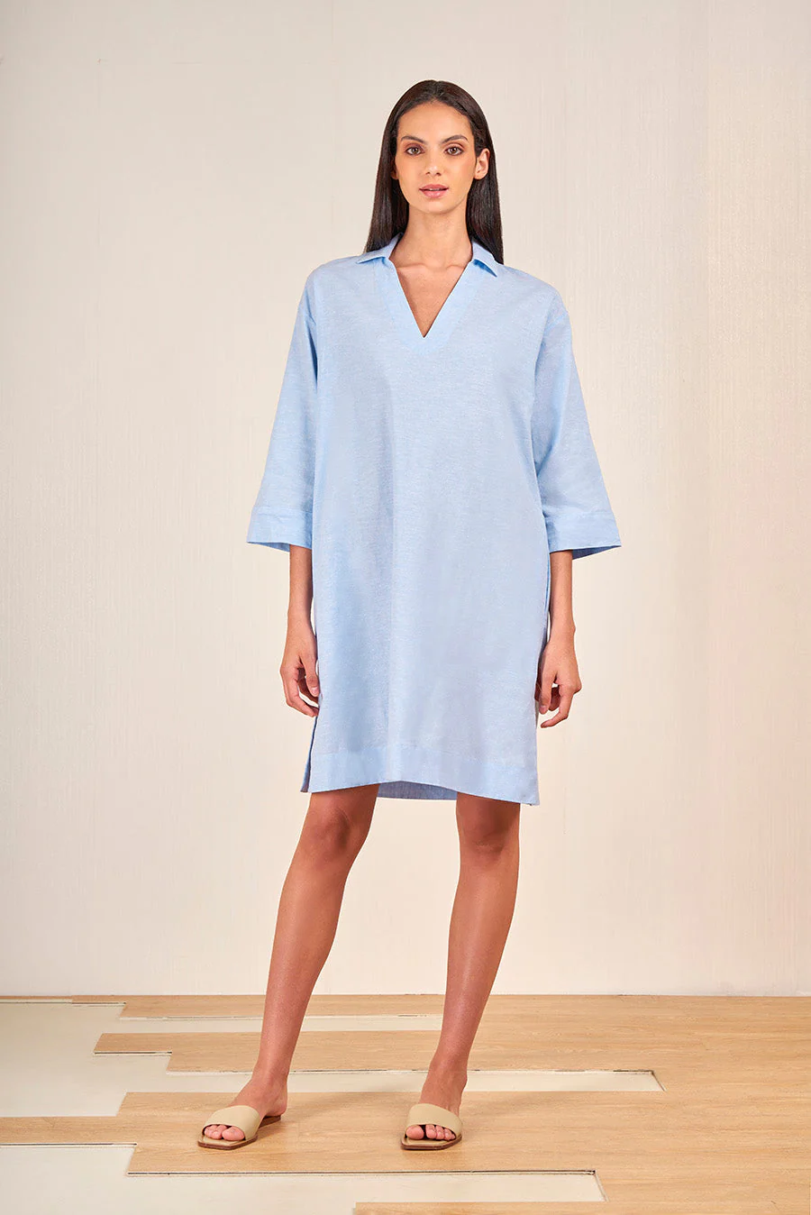Vietnam Dress Linen & Cotton Color Light Blue - Image 3